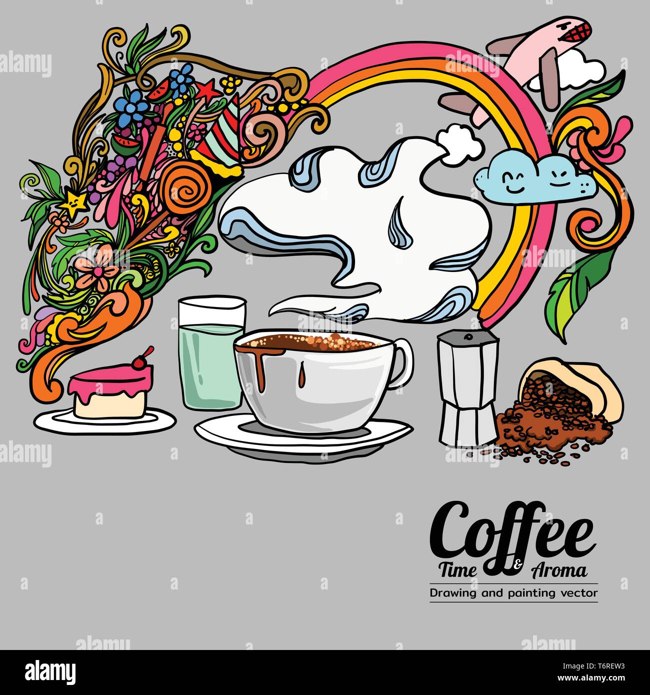 Tempo di caffè e aroma - Disegno e pittura in stile doodle Illustrazione Vettoriale