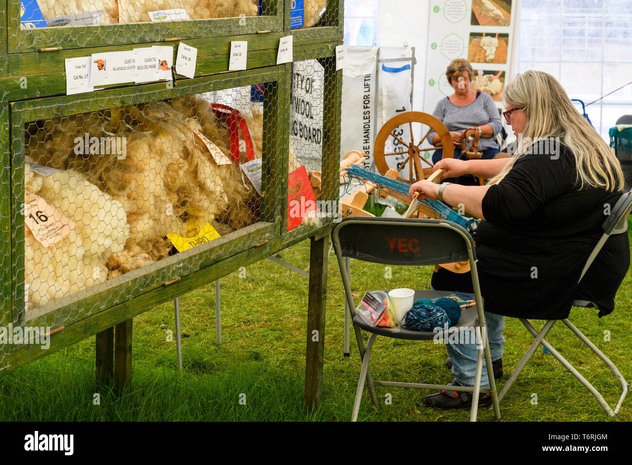 Dimostrazione di filatura e tessitura (2 donne) da lana presenta (prize-winning pile & certificati) - Grande spettacolo dello Yorkshire, Harrogate, Inghilterra, Regno Unito. Foto Stock