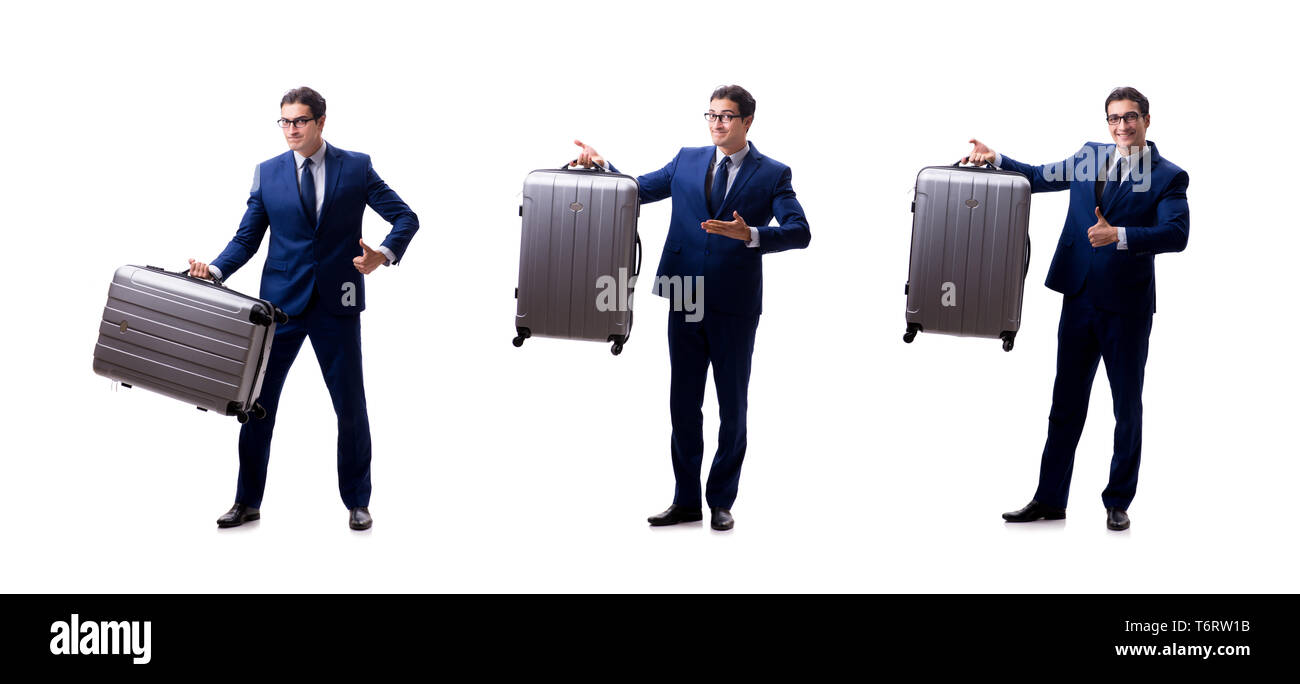 Giovane imprenditore con valigia isolati su sfondo bianco Foto Stock