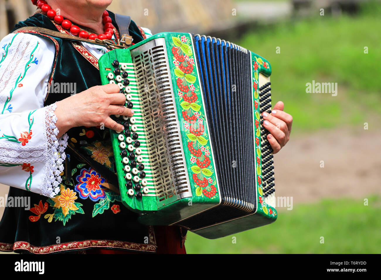 L'Ucraina. Una donna anziana in costume ucraino suona la fisarmonica presso il festival etnico in Petrikovka, Dnepropetrovsk regione, primavera, estate. Foto Stock