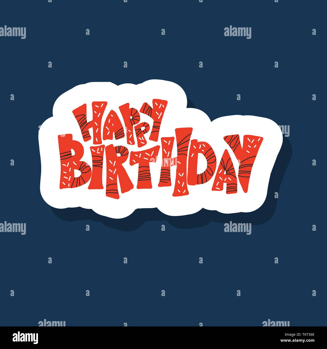 Buon compleanno sticker preventivo. Handdrawn lettering con decorazione isolato. Illustrazione Vettoriale. Illustrazione Vettoriale