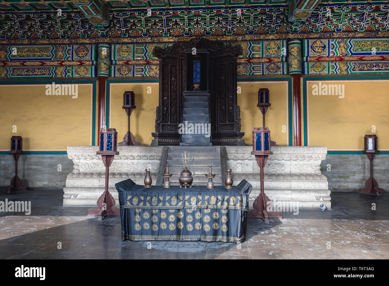Interno del Huang Qian Dian - Salone Imperiale del Paradiso situato accanto alla Sala della Preghiera del Buon Raccolto nel Tempio del Cielo a Pechino in Cina Foto Stock