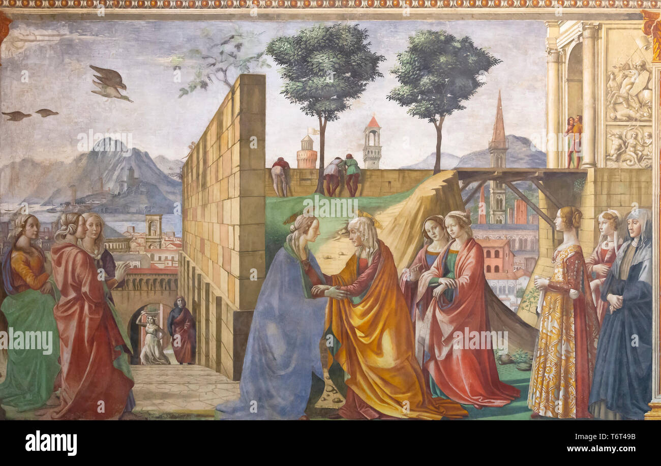 La Visitazione, la visita di Maria a santa Elisabetta, Domenico Ghirlandaio, 1485-1490, Cappella Tornabuoni, Cappella Tornabuoni, Basilica di Santa Maria Novella, Ch Foto Stock
