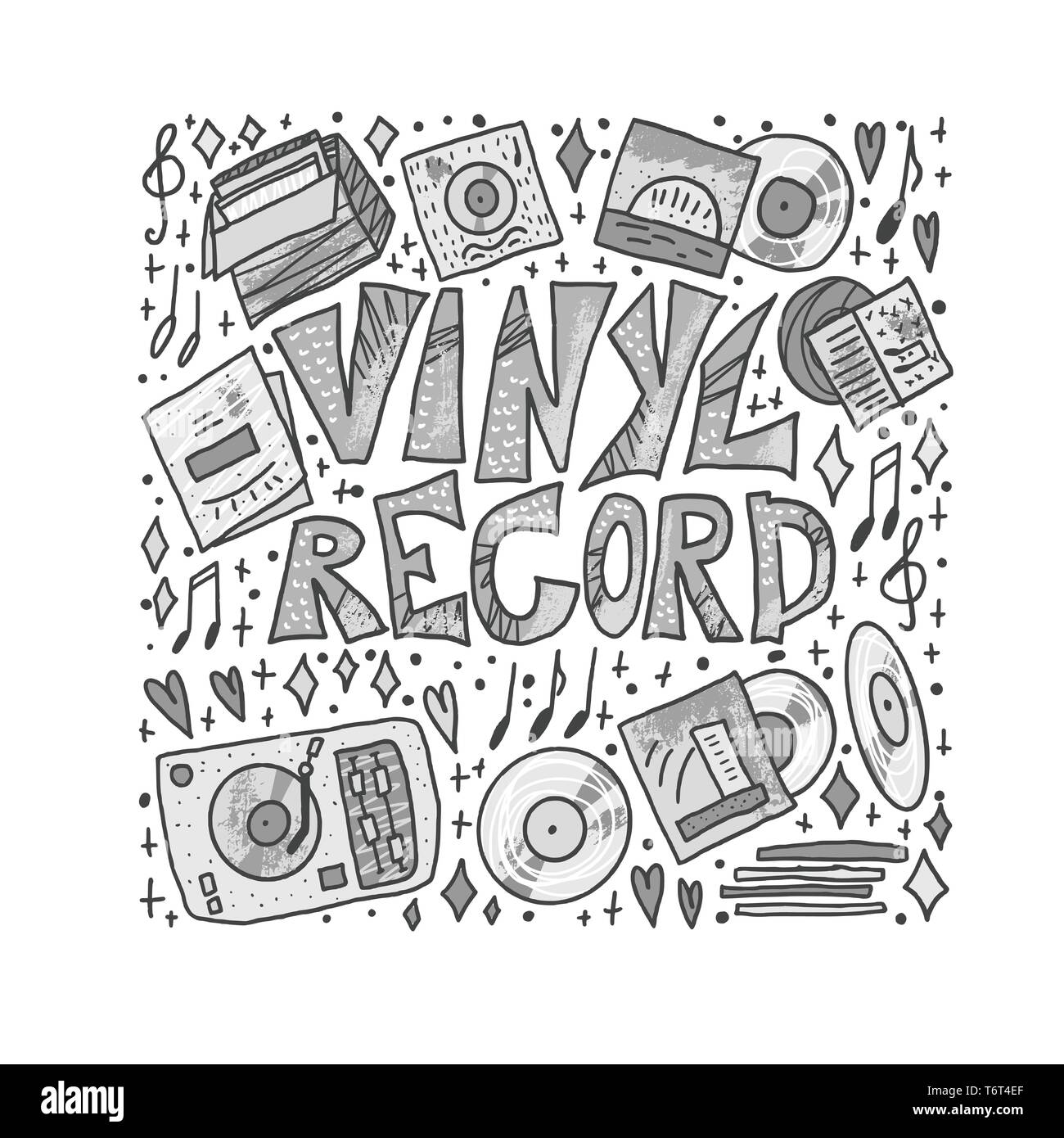 Record di vinile concetto. Testo con i simboli musicali. Vettore Illustrazione a colori. Illustrazione Vettoriale