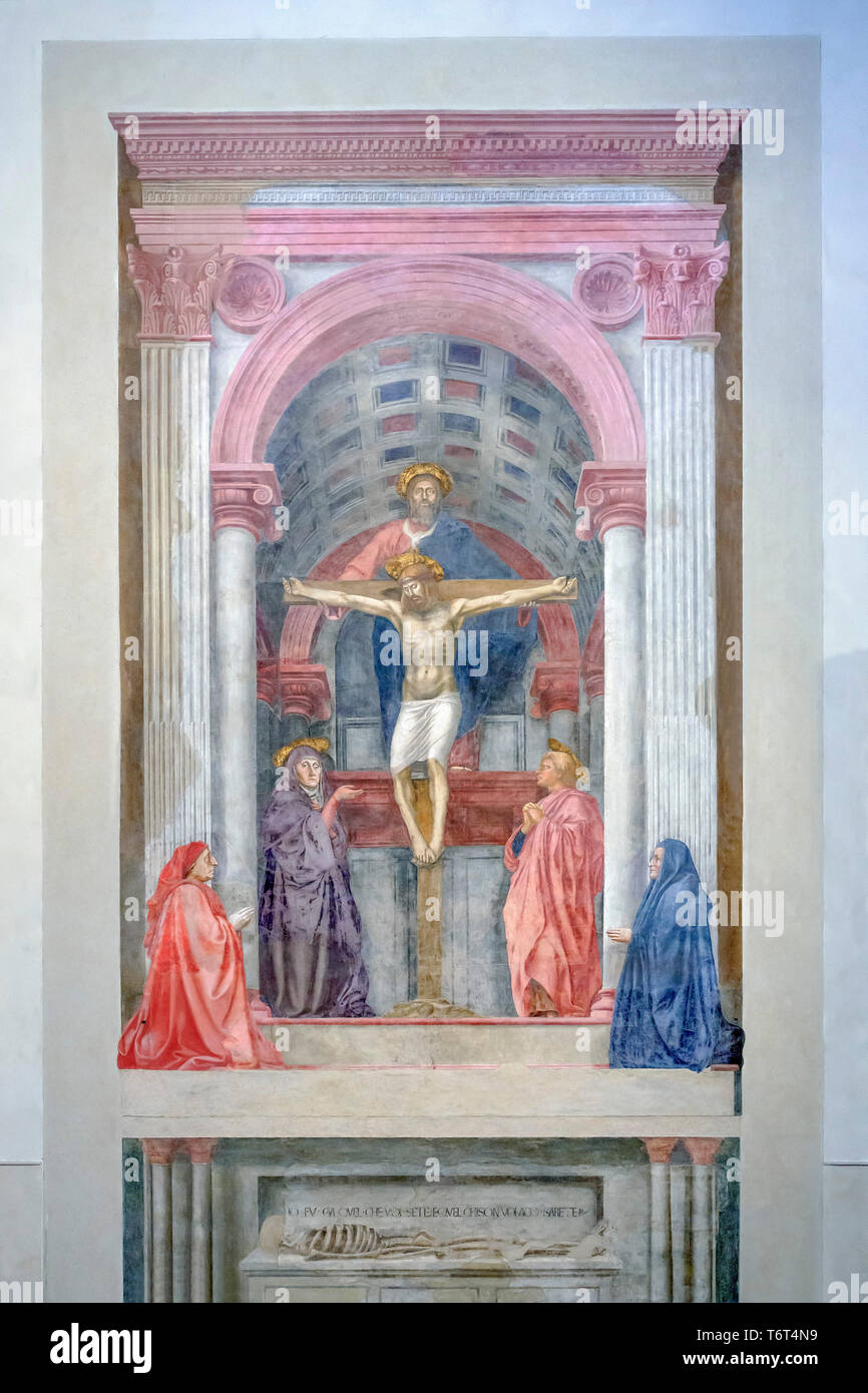 La Santa Trinità con la Vergine e San Giovanni e i donatori, Masaccio, 1424, Basilica di Santa Maria Novella, Chiesa di Santa Maria Novella, Firenze Foto Stock