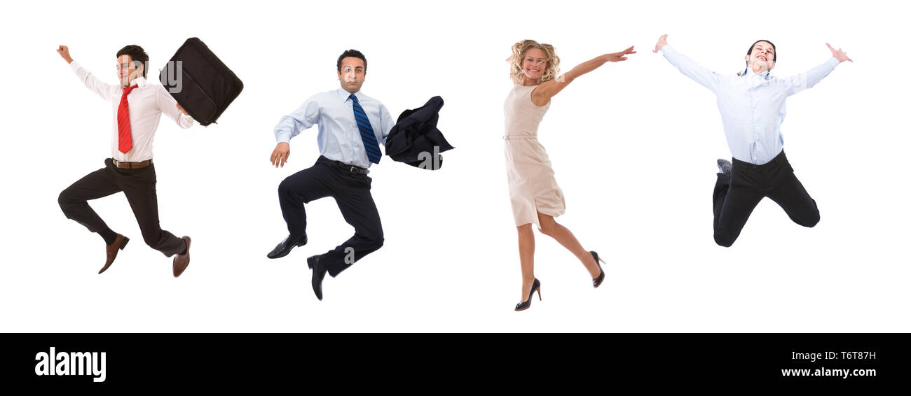 Molto felice la gente di affari del salto in alto con un sorriso Foto Stock