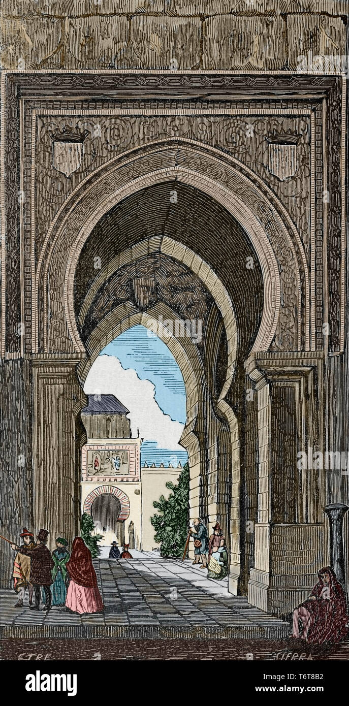 Cordoba, Andalusia, Spagna. Moschea. Porta del perdono (Puerta del jordon). Disegno da Letre. Incisione di Sierra. Colorazione successiva. Episodio della cronica General de España, Historia Ilustrada y Descriptiva de sus Provincias. Andalucia, 1867. Foto Stock