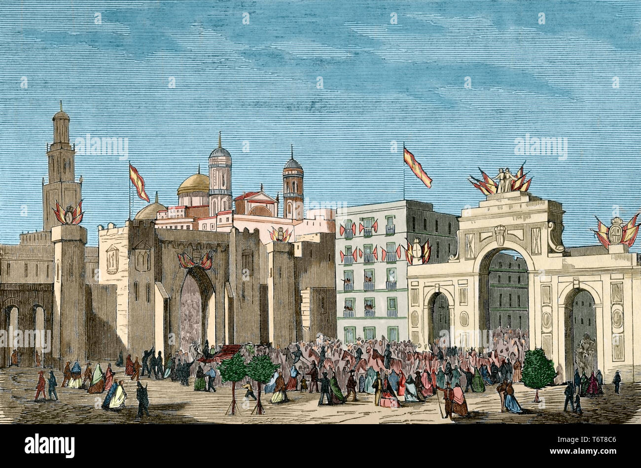 Cadice, Andalusia, Spagna. Castello e Arco Trionfale di Isabella II Square. Incisione. Colorazione successiva. Episodio della cronica General de España, Historia Ilustrada y Descriptiva de sus Provincias. Andalucia, 1867. Foto Stock