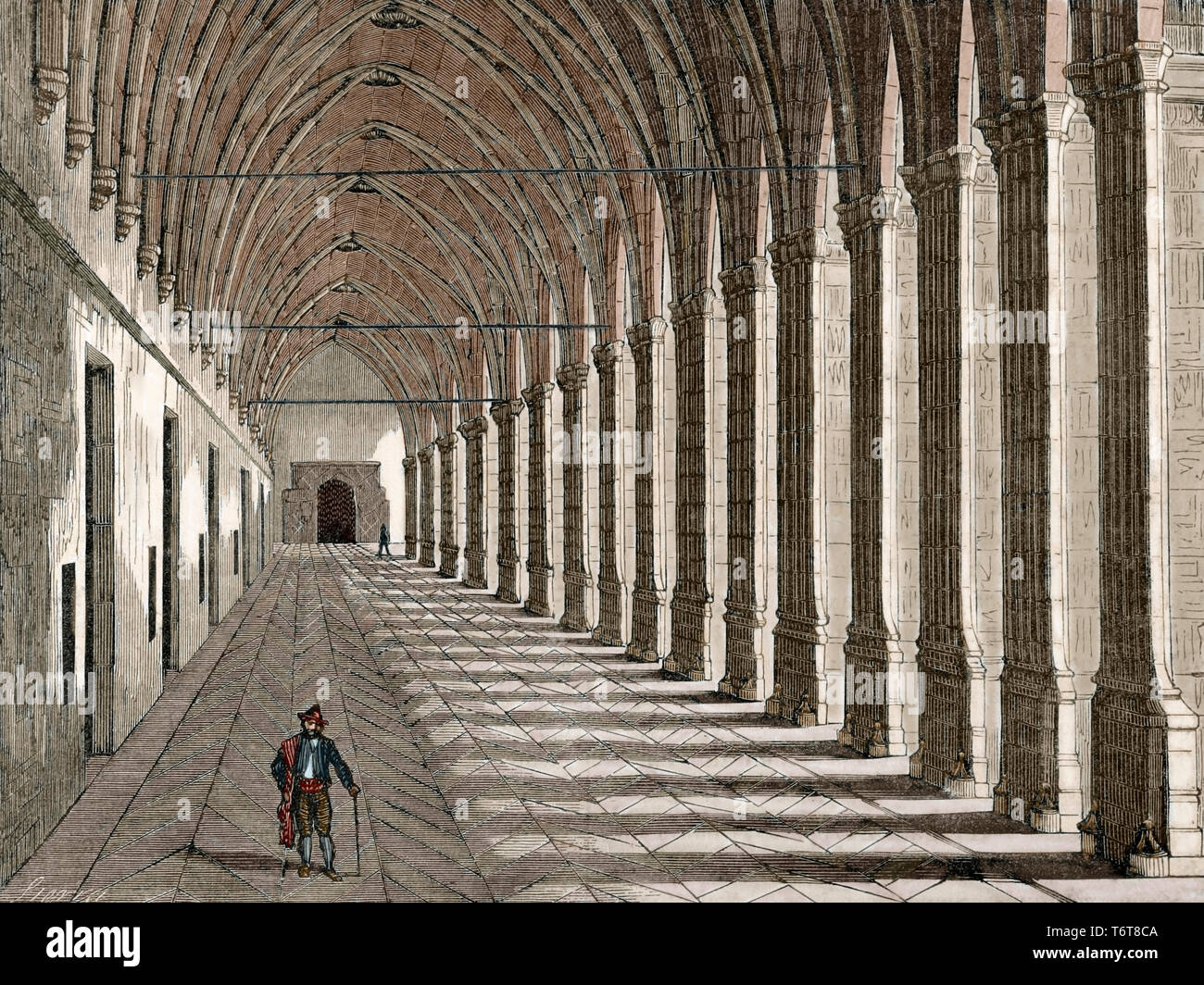 Spagna, Andalusia, Jerez de la Frontera. Certosa di Santa Maria de la Defension. Xv, XVI e XVII secolo. Arrayanes cortile. Incisione. Colorazione successiva. Episodio della cronica General de España, Historia Ilustrada y Descriptiva de sus Provincias. Andalucia, 1867. Foto Stock