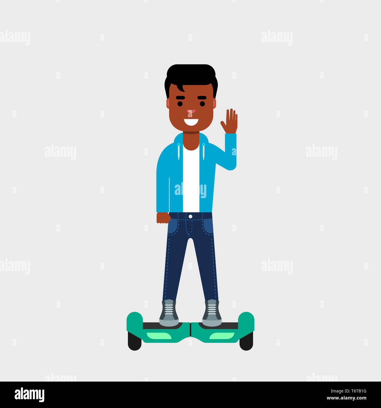 Giovane americano africano su hoverboard Sorridendo e agitando. Giroscopio di equitazione scooter. Il pendolarismo concetto.autonomo il bilanciamento di due ruote alimentato a batteria scooter Illustrazione Vettoriale