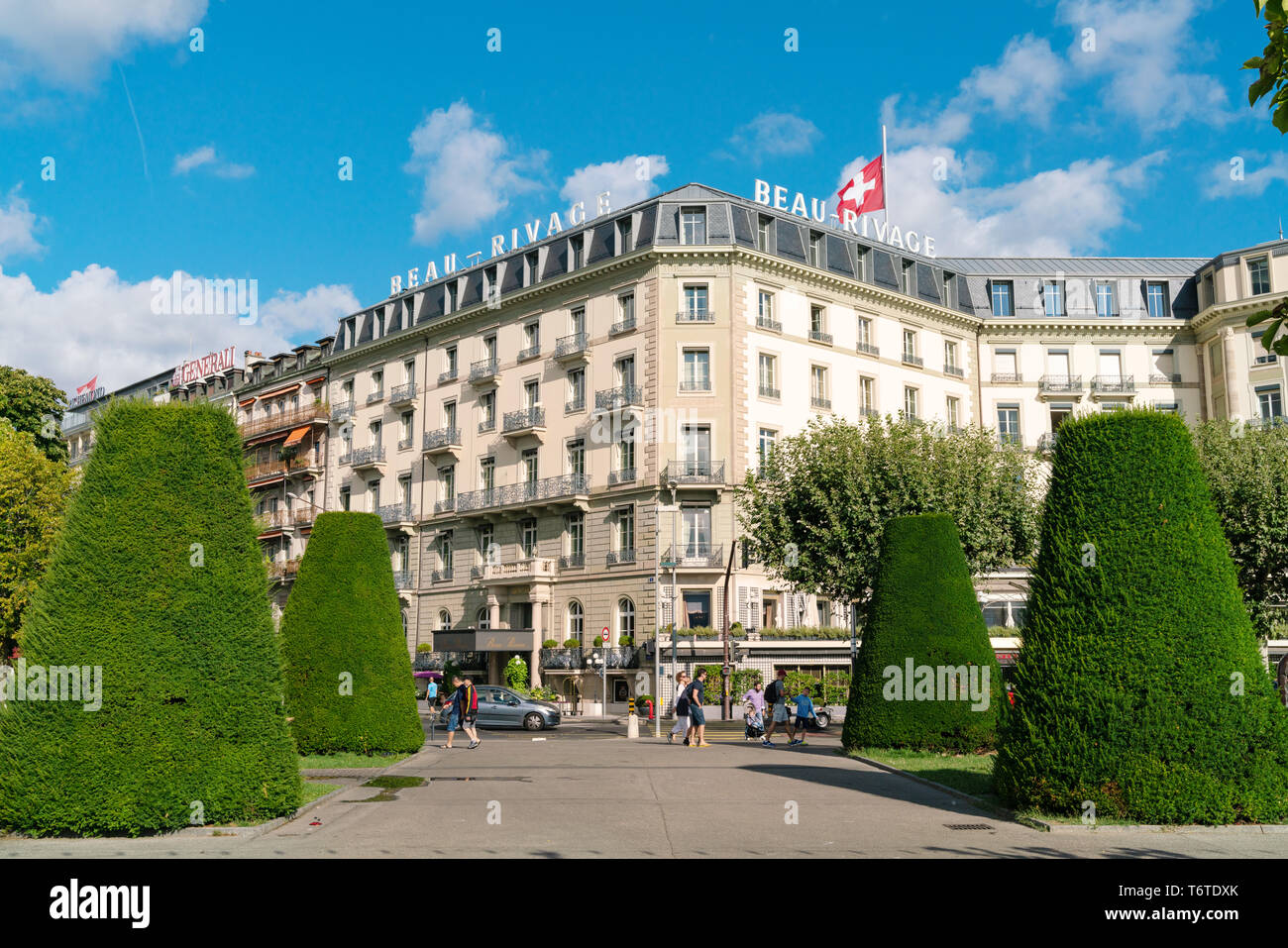 26 ago 2018. Ginevra, Svizzera. Un albergo di lusso a cinque stelle, Beau Rivage vicino al lago di Ginevra. Foto Stock