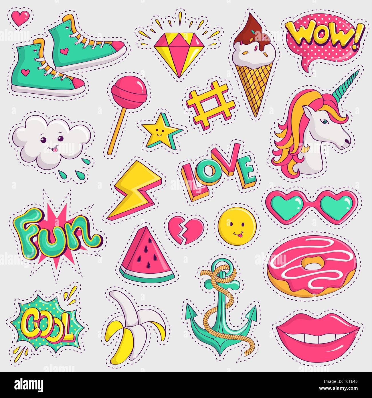 Carino e alla moda e patch. Elementi colorati su sfondo bianco. Collezione di figurine rétro in 90s stile. Illustrazione Vettoriale. Illustrazione Vettoriale