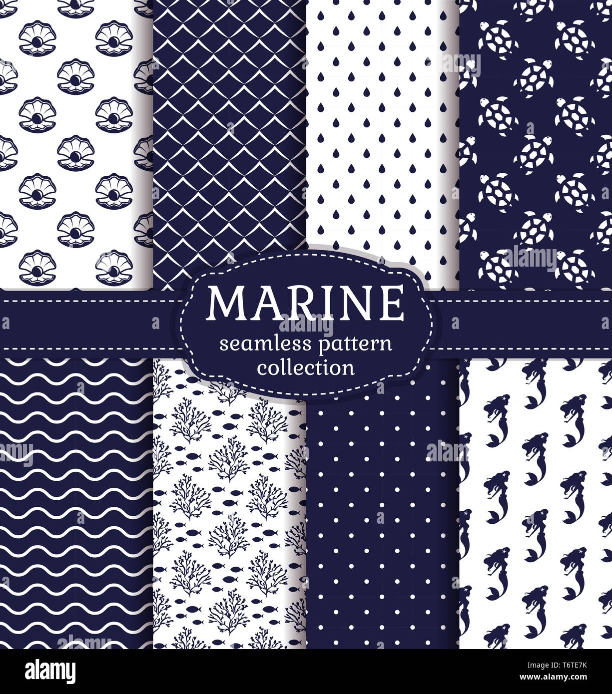 Set di marine e gli sfondi nautico marina in colori blu e bianchi. Il tema del mare. Carino seamless raccolta modelli. Illustrazione Vettoriale. Illustrazione Vettoriale