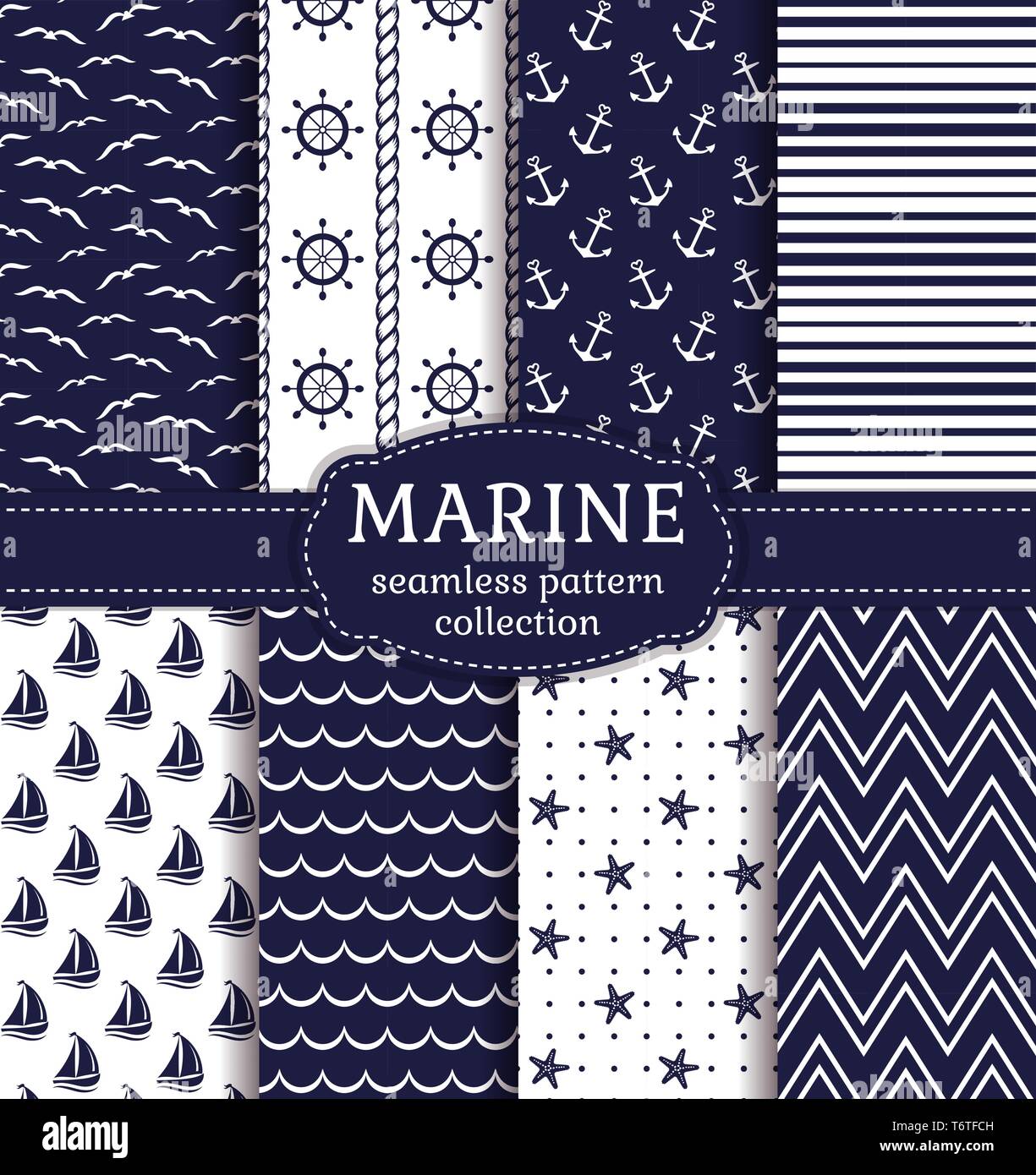 Set di marine e gli sfondi nautico marina in colori blu e bianchi. Il tema del mare. Eleganti modelli di seamless collection. Illustrazione Vettoriale. Illustrazione Vettoriale