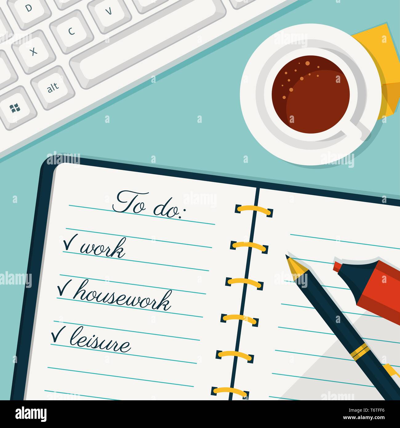 Attuazione del piano. Concetto di vettore sfondo in stile appartamento. Banner con Lista da fare in un notebook, una tazza di caffè e una tastiera. Illustrazione Vettoriale