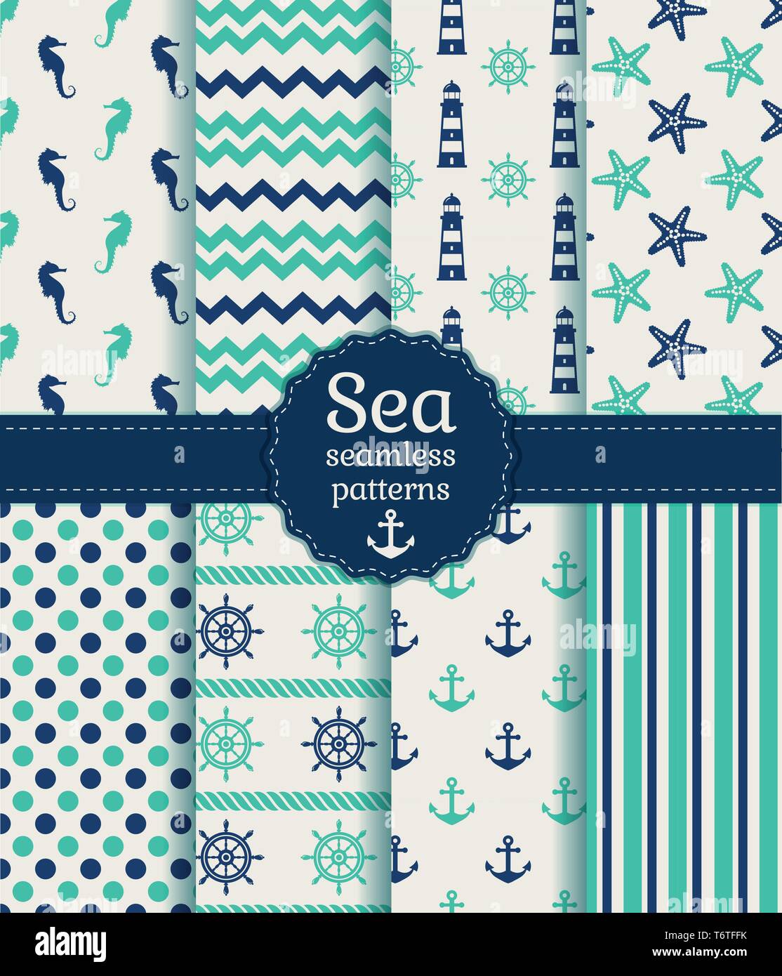 Set di mare e nautica seamless patterns in bianco, turchese e colori blu scuro. Illustrazione Vettoriale. Illustrazione Vettoriale