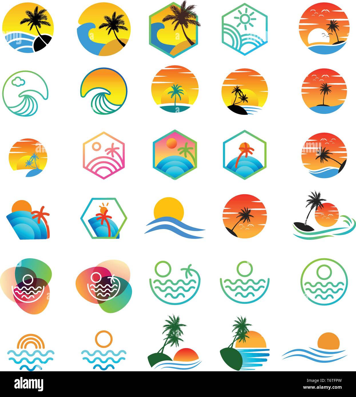 Spiaggia tramonto logo design, holiday logo collection illustrazione vettoriale - vector Illustrazione Vettoriale