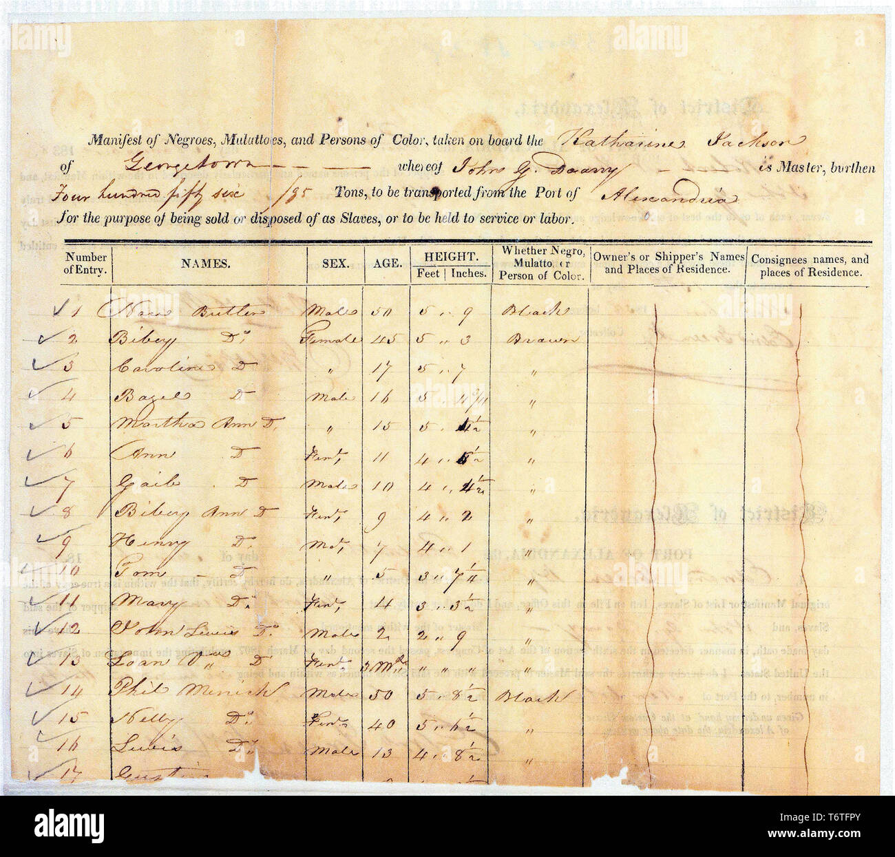 Manifesto di slave della nave di schiavi di Katherine Jackson, un elenco degli schiavi trasportati 1838 Foto Stock