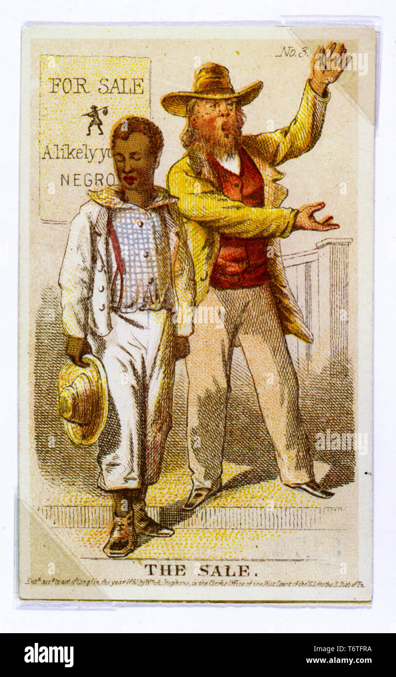 La vendita, che mostra la scheda slave di afro-americana venga venduto ad un mercato di schiavi, commercio di schiavi incisione/stampa da Henry Louis Stephens, 1863 Foto Stock