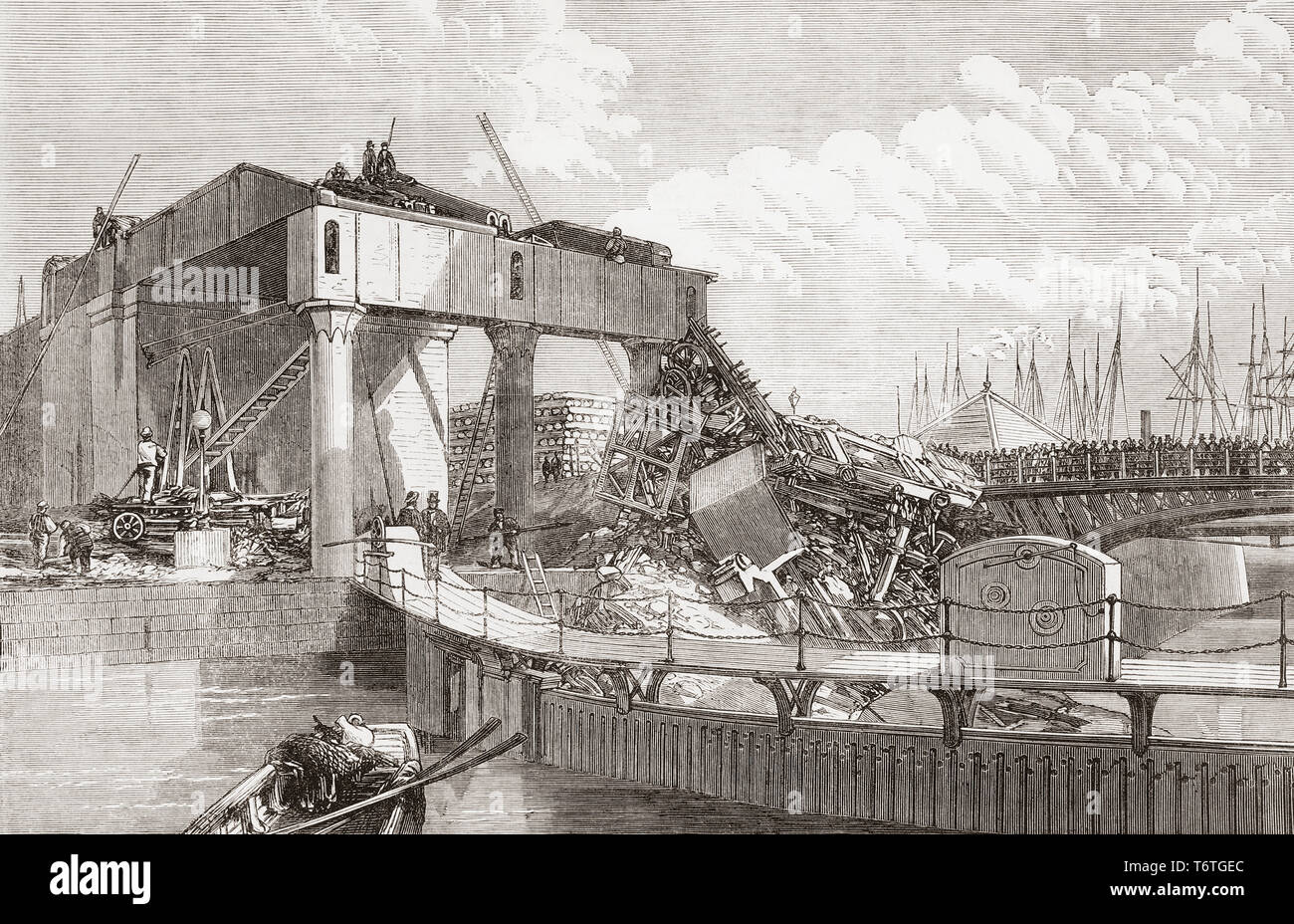 Scena dell'incidente ferroviario di un treno di carbone all'ingresso nord Dock, Swansea, Galles a causa di un errore di segnalatore, 1865. Dal Illustrated London News, pubblicato 1865. Foto Stock