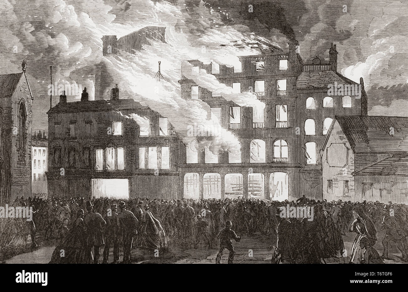 Distruzione con il fuoco di Compton House, Church Street, Liverpool, in Inghilterra nel 1865. Dal Illustrated London News, pubblicato 1865. Foto Stock