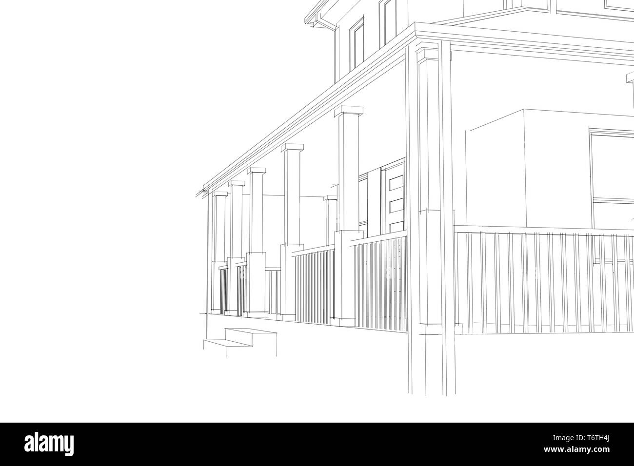 Home Design arcitecture blueprint: 3D wireframe Vista esterna - Dal lato Foto Stock
