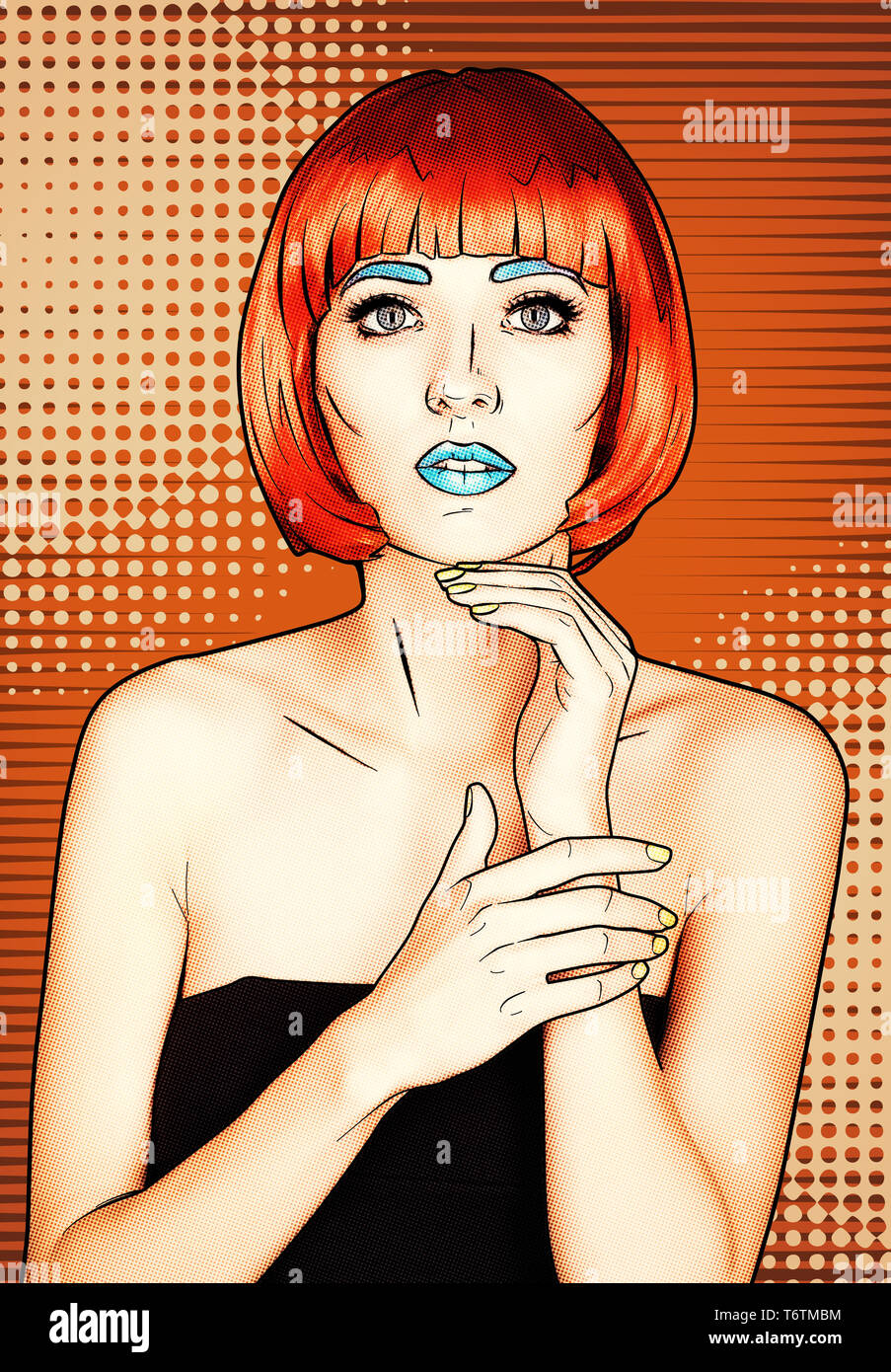 Ritratto di giovane donna nel fumetto pop art make-up stile. Femmina in parrucca rosso su giallo - arancio sfondo cartoon Foto Stock