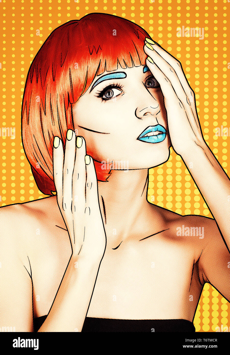 Ritratto di giovane donna nel fumetto pop art make-up stile. Femmina in parrucca rosso su giallo - arancio sfondo cartoon Foto Stock