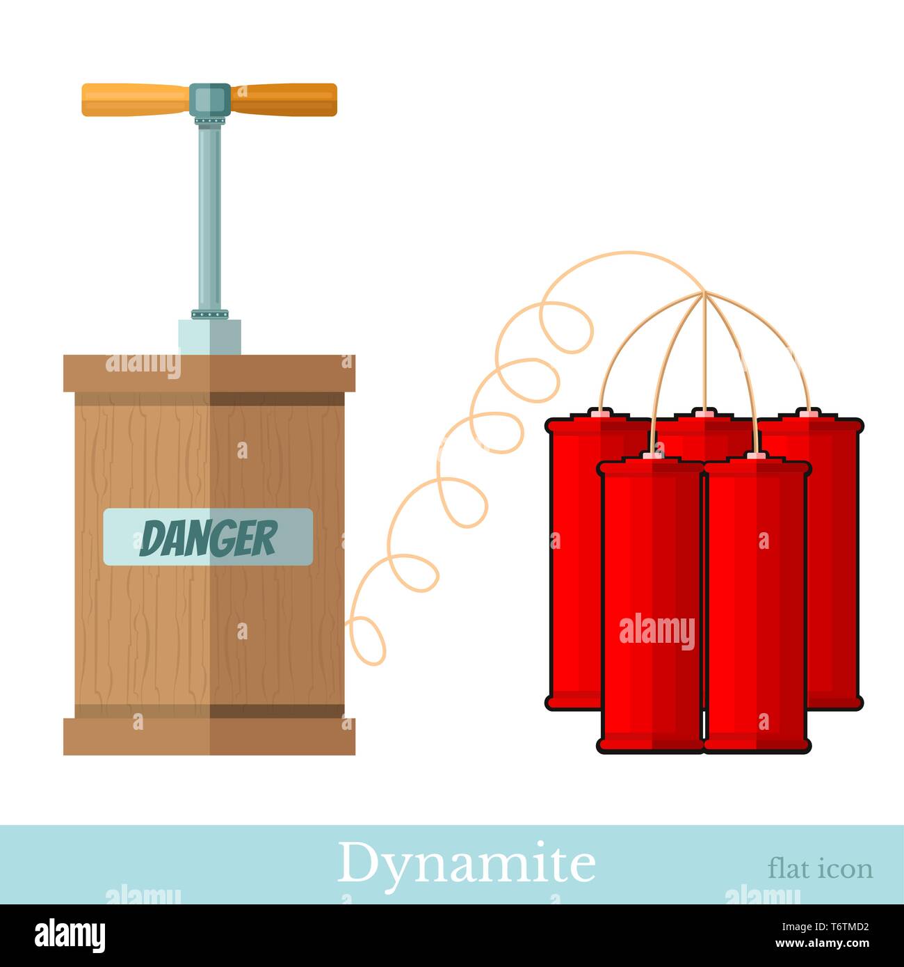 Icona piatta detonatore e bundle bastoncini di dinamite isolato bianco ob Illustrazione Vettoriale