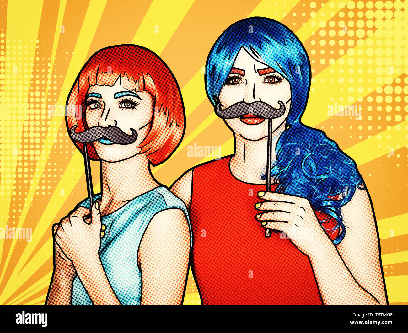 Le femmine in rosso e blu parrucche. Ragazze con false moustashes in mani Foto Stock