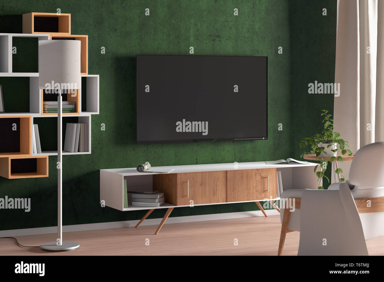Sullo schermo del televisore sulla parete verde sopra il cabinet del  televisore nel soggiorno moderno sfondo. 3d illustrazione Foto stock - Alamy