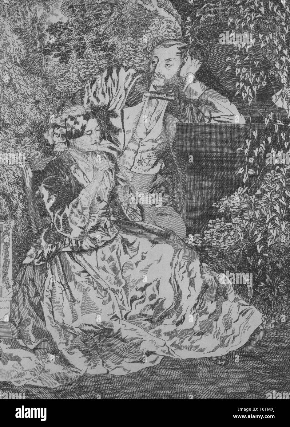 Bianco e nero incisione raffigurante una coppia vittoriano in un ambiente all'aperto, la donna seduta si concentra sul suo ricamo mentre l'uomo si erge dietro di lei, languidly pendente su un breve, urn-sormontato pilastro, con vigneti, alberi e altre Fogliame visibile in background; intitolato 'La Broderie l'Aiguille' (il ricamo ad ago); numerate, con l'illustratore Felix Bracquemond, 1867. Dalla Biblioteca Pubblica di New York. () Foto Stock