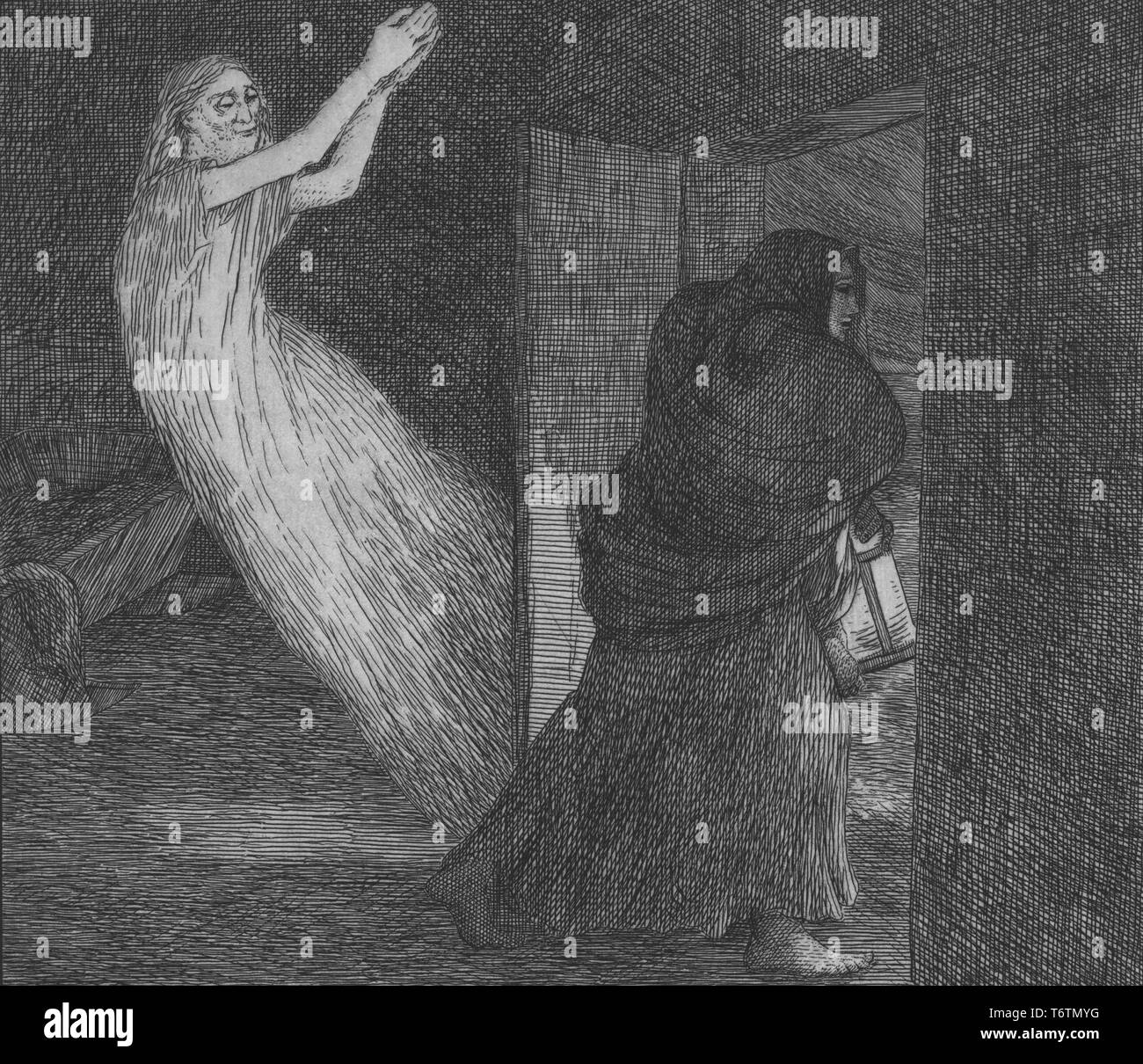 Bianco e nero incisione raffigurante una scena da Victor Hugo's opera storica "Legende des Siecles, ' con una donna ammantata, tenendo una lanterna come essa passi dalla porta della chiesa e con un fantasma della figura, le sue mani giunte in preghiera o di supplica, floating leggermente dietro di lei; intitolato "ujet pneumatico de la Legende des Siecles' (oggetto dalla leggenda dei secoli); firmato con l'illustratore Felix Bracquemond, 1867. Dalla Biblioteca Pubblica di New York. () Foto Stock