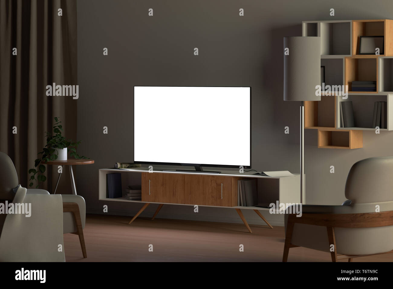 TV mockup in salotto di notte. Schermo TV, armadietto tv, sedie, scaffale Foto Stock