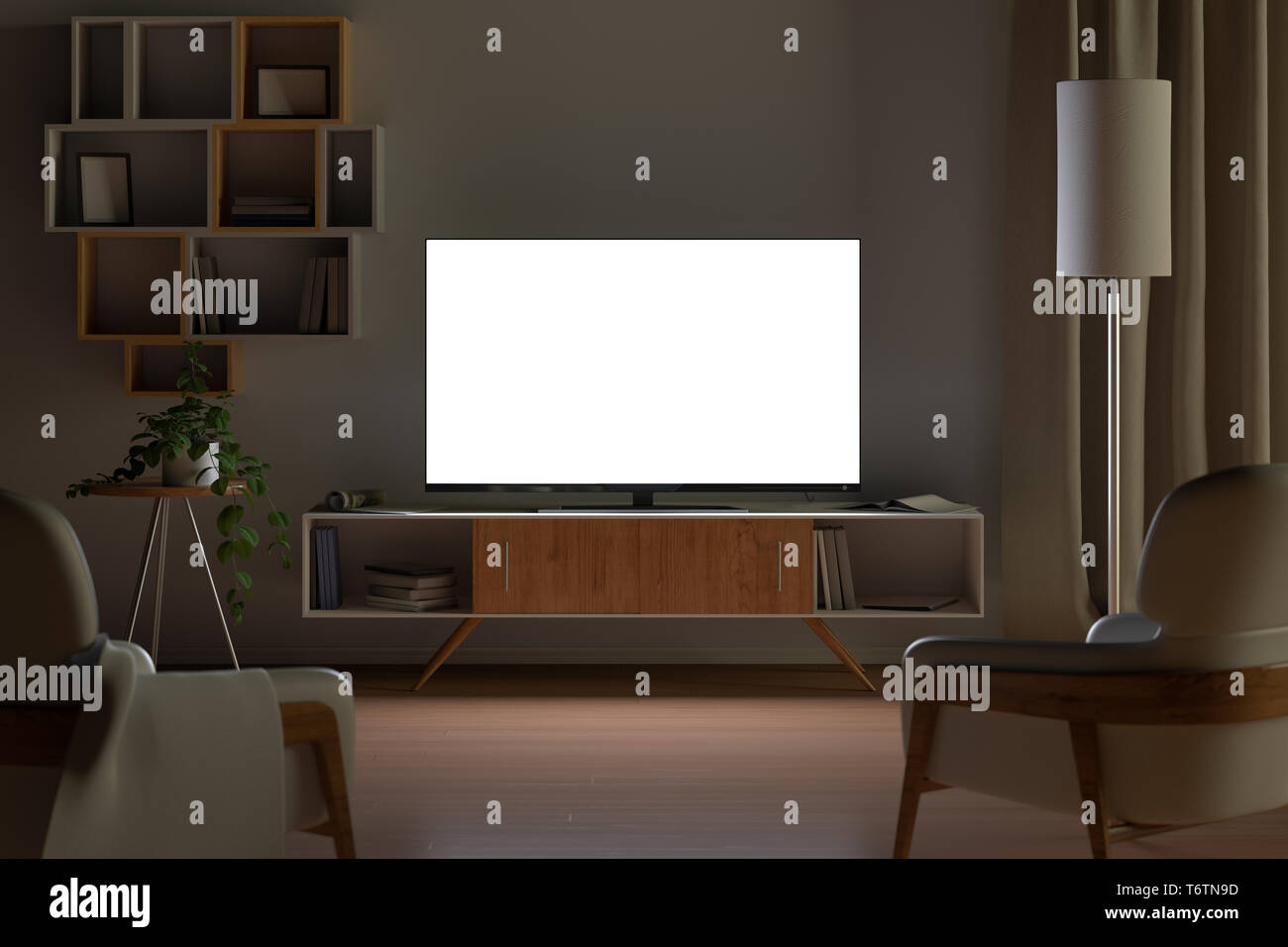 TV mockup in salotto di notte. Schermo TV, armadietto tv, sedie, scaffale Foto Stock