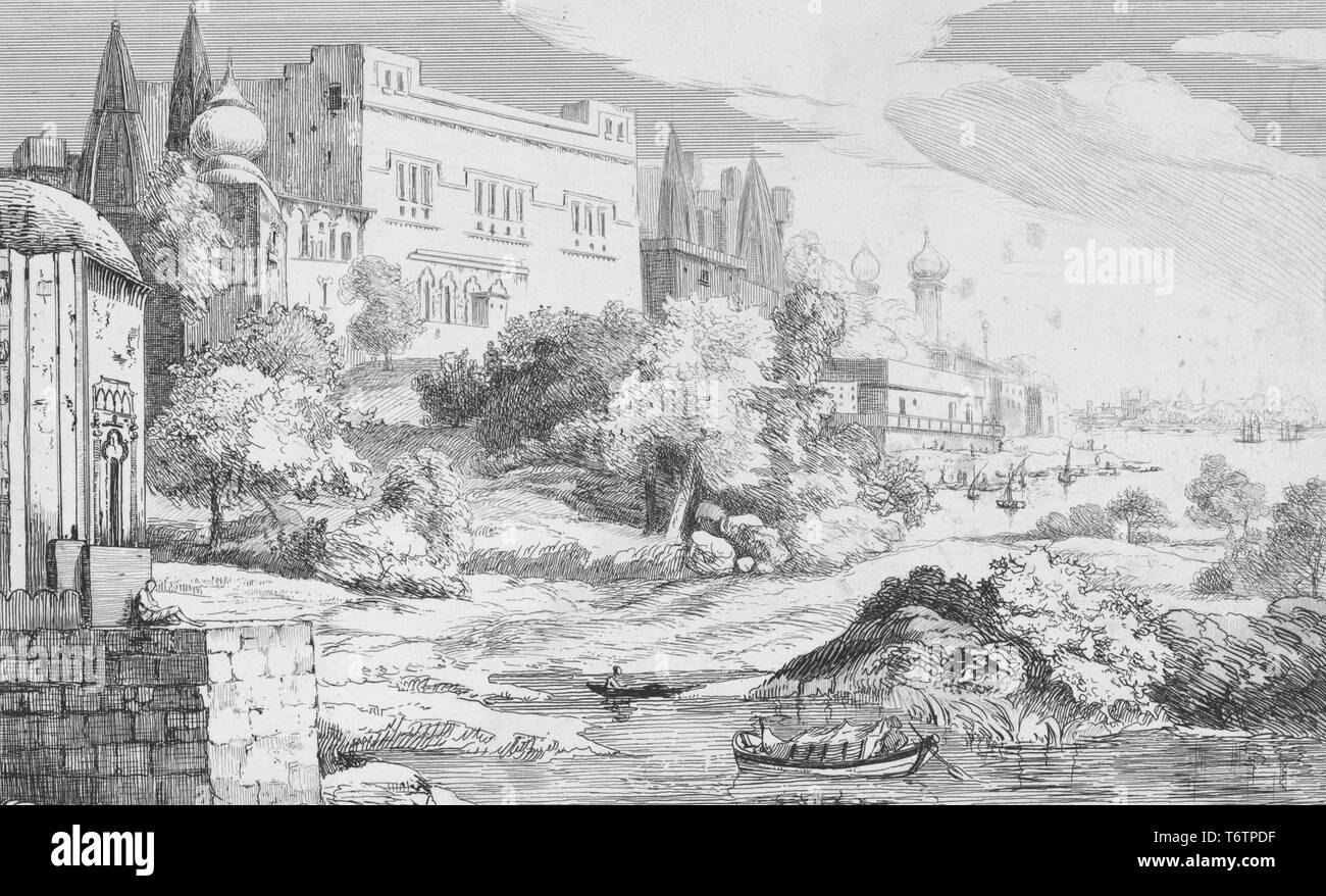 Bianco e nero, incisione raffigurante una grande villa sulle rive di un fiume di avvolgimento, con figure in imbarcazioni a remi in primo piano, latine-truccate velieri visibile ulteriormente lungo il fiume e un paesaggio urbano con cupole a cipolla visibile in background; intitolato "Une ville indienne' (un Indiano Villa); numerate e siglate; con l'illustratore Felix Bracquemond, 1857. Dalla Biblioteca Pubblica di New York. () Foto Stock