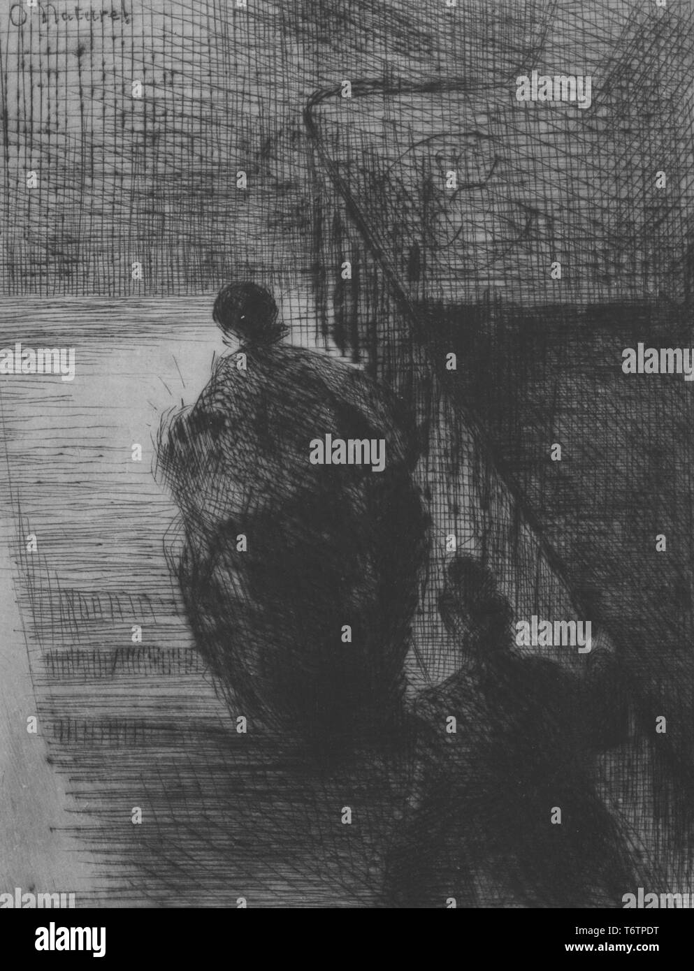 Bianco e nero, attacco eseguito con pesanti tratteggio trasversale raffigurante la figura oscura di un uomo, visto dal retro, indossando code e un cappello a cilindro, a seguito di un altrettanto amorfo di figura femminile, indossando una cloche hat e un abito billowing rivestire in orientalized Victorian vogue, come ella si arrampica su per una rampa di scale; con la dizione "Essai naturaliste: Onu homme suit une femme qui monte escalier onu.", 1867. Il naturalismo (Test: un uomo segue una donna su una scalinata); numerate, con le parole 'O Naturel' inciso nell'angolo superiore sinistro; con l'illustratore Felix Bracquemond. Dalla Biblioteca Pubblica di New York. () Foto Stock