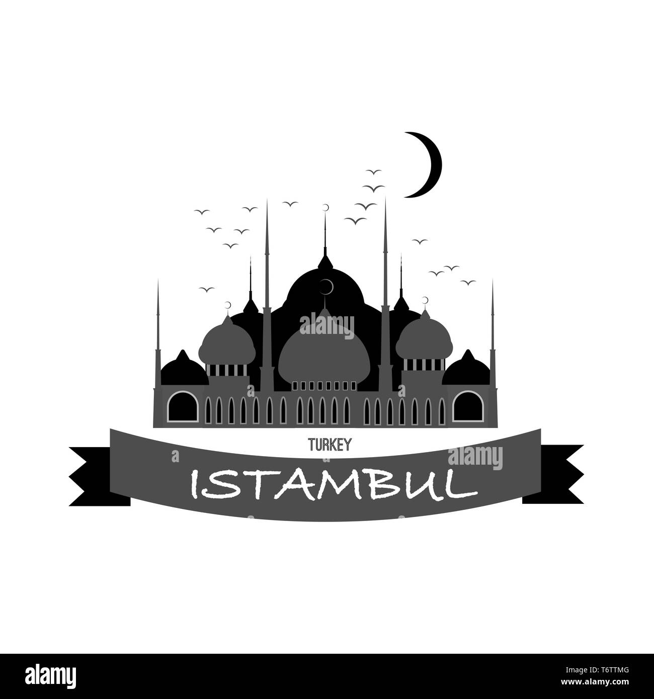 Vector bellissimo logo nero disegno con i musulmani la moschea blu con i gabbiani in Istanbul Turchia su uno sfondo bianco con nastro e testo con stelle e Illustrazione Vettoriale