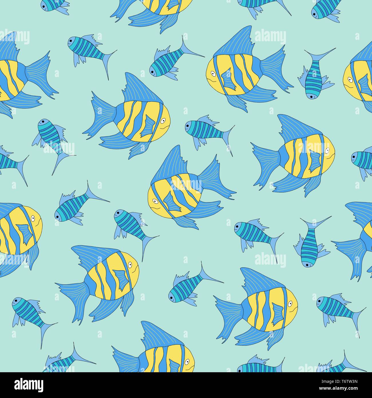 Vector seamless pattern con il cartoon di mare pesce in mare o acquario giallo con il blu per il tessile e la stampa Illustrazione Vettoriale
