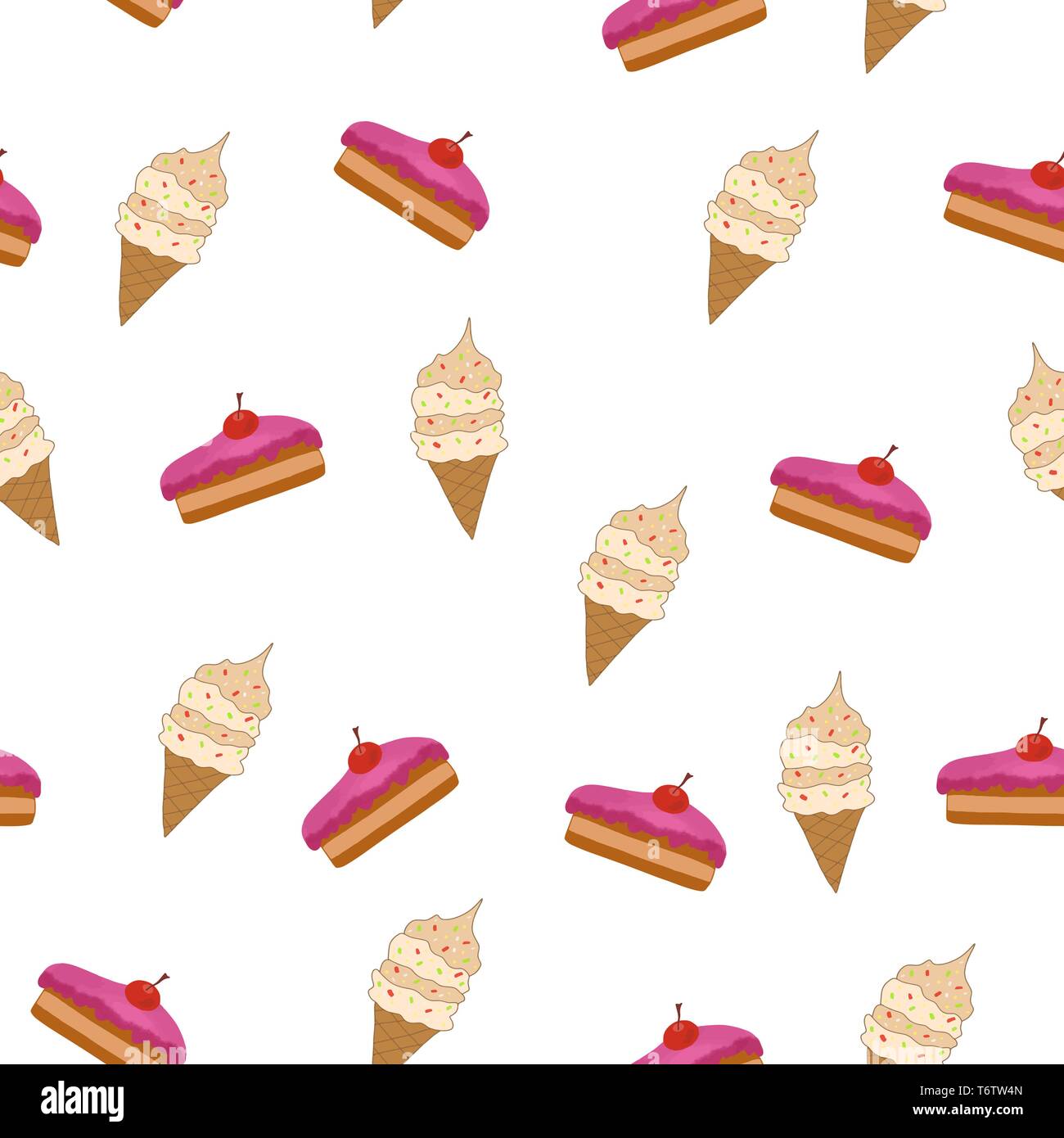 Bella vector seamless pattern con cibo dolce torta capcake rosa e gelato in una cialda di vetro su uno sfondo bianco per il settore tessile e tessuto Illustrazione Vettoriale