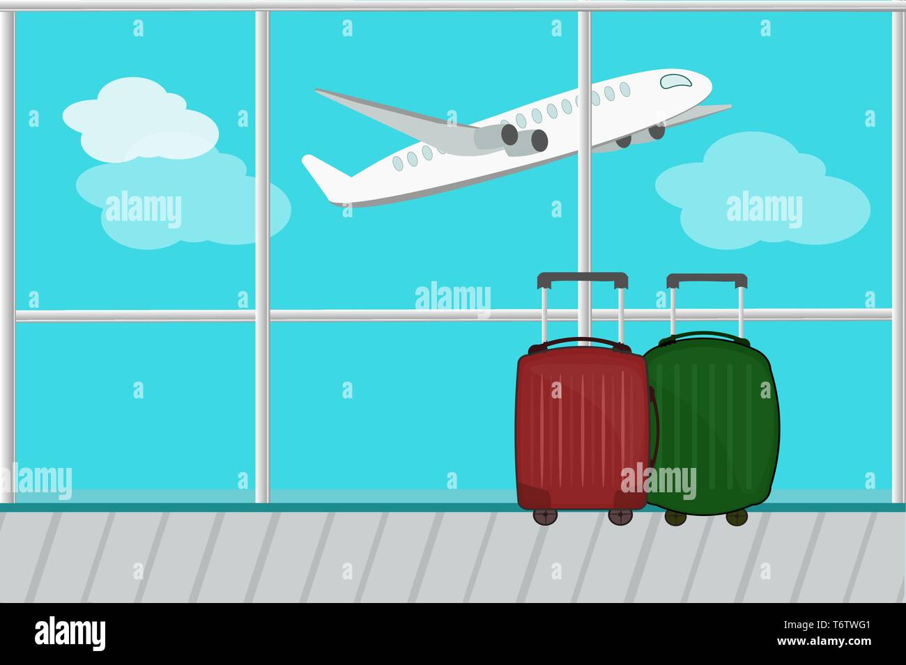 Illustrazione Vettoriale vista dall'aeroporto finestra sulla pista di atterraggio di un aereo in volo nel pomeriggio con il cielo blu e nuvole con le valigie in rosso Illustrazione Vettoriale