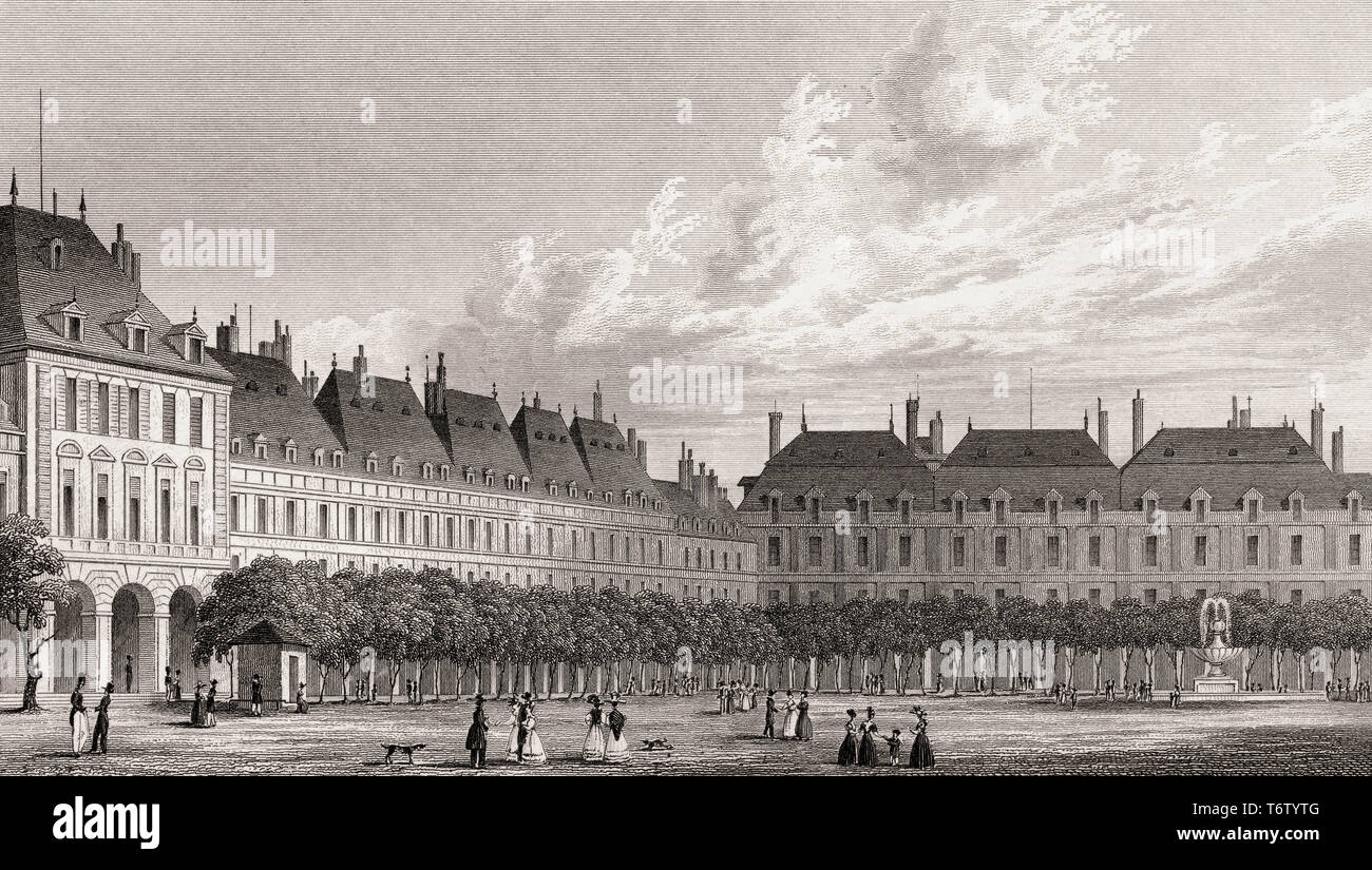 La Place des Vosges, Parigi, antichi di acciaio inciso stampa, 1831 Foto Stock