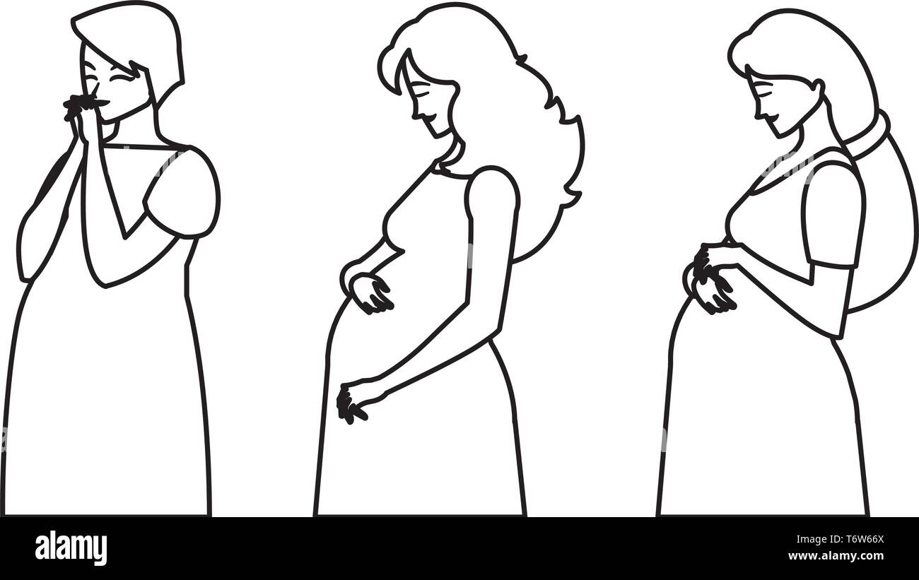 Gruppo di belle donne gravidanza caratteri illustrazione vettoriale design Illustrazione Vettoriale