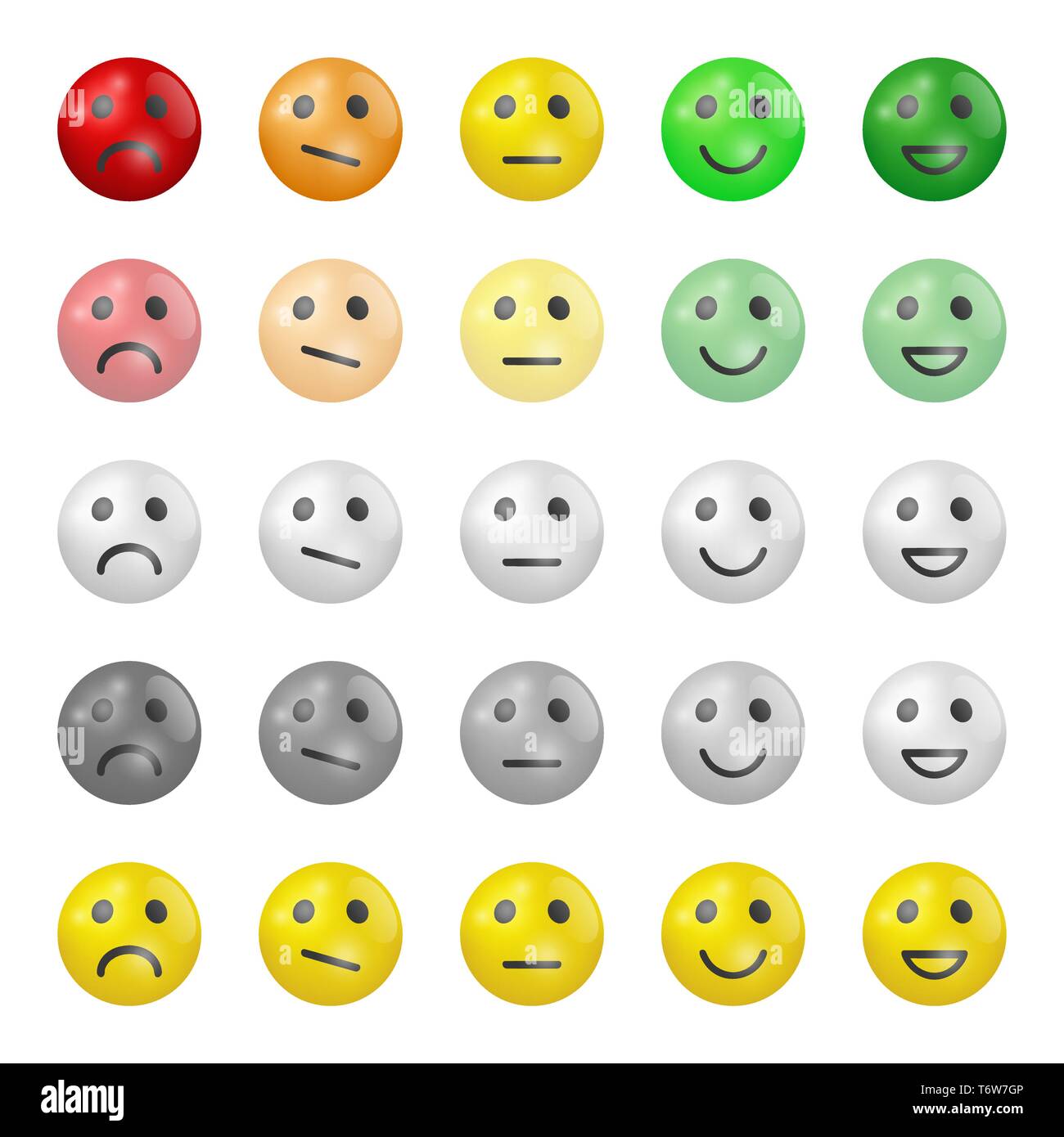 Set di caratteri Emoji icone piana. Il vettore tridimensionale illustrazione. Felice, triste e dell'umore. Scala di votazione set di icone. Illustrazione Vettoriale