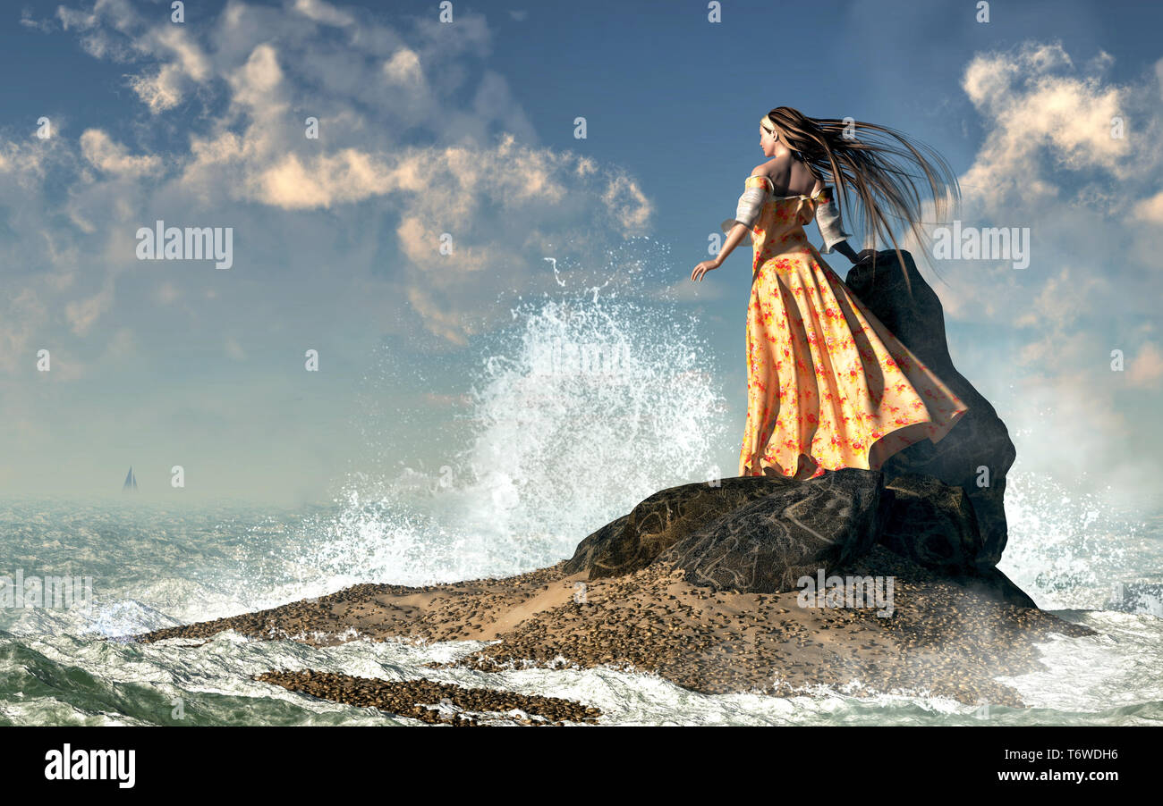 Una donna con lunghi capelli scuri in un abito fiorito si aggrappa a una roccia su una piccola isola nel mare. I colpi di vento il suo abito e capelli come onde infrangersi tutte intorno Foto Stock