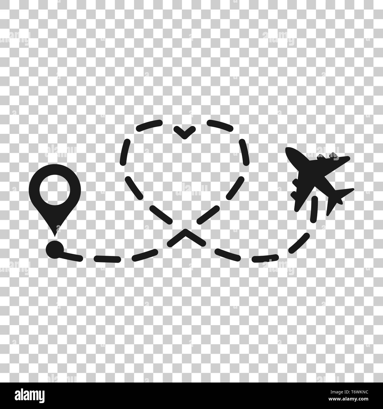 Amore percorso di viaggio icona in stile trasparente. Aeroplano percorso linea illustrazione vettoriale su sfondo isolato. Linea tratteggiata trace business concetto. Illustrazione Vettoriale