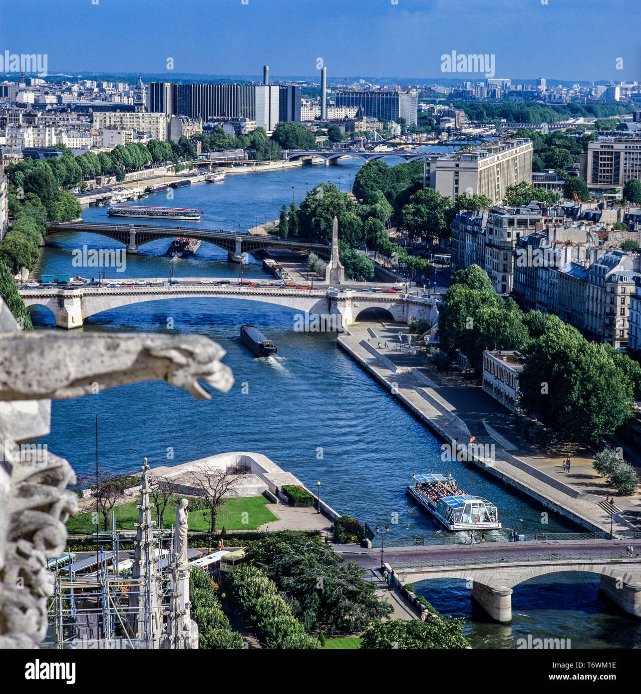 Panoramica dalla cattedrale di Notre Dame de Paris cathedral, Bateau Mouche visite turistiche crociera sul fiume Senna barche, Barge, ponti, Parigi, Francia, Europa Foto Stock