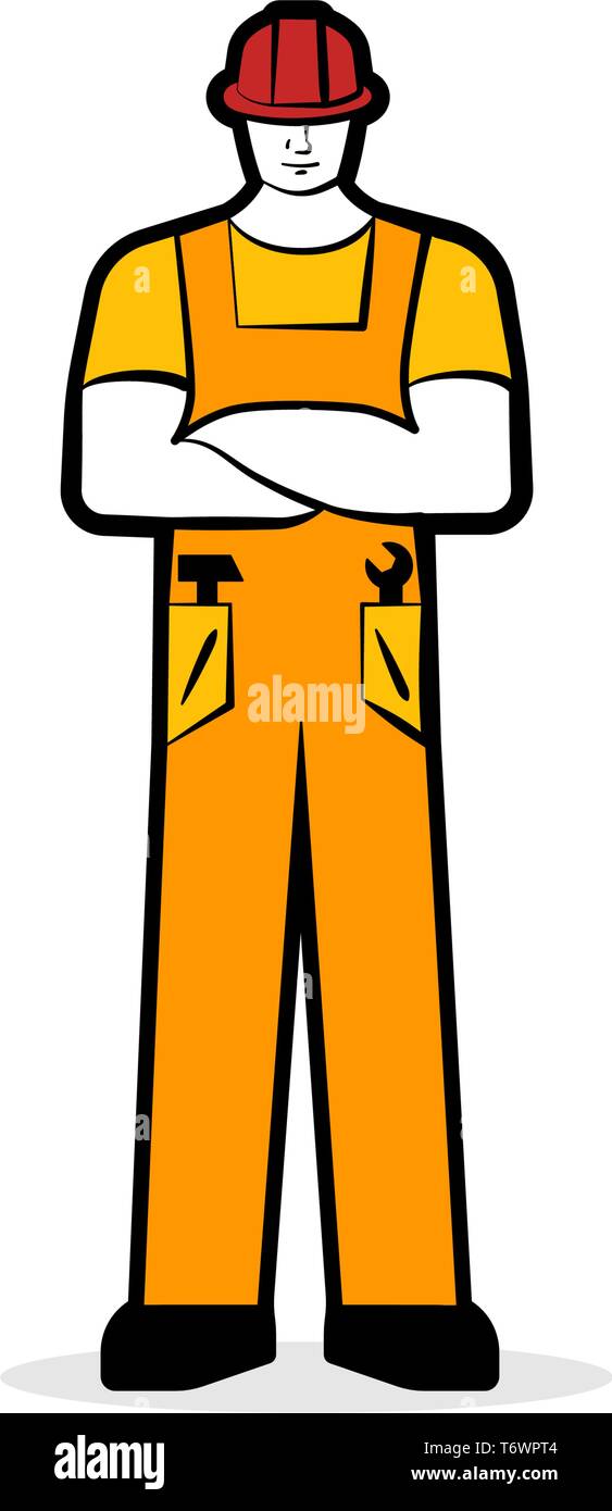 Lavoratore di sesso maschile o builder nel lavoro vestiti arancioni e la costruzione del casco. Il concetto di lavoro. Illustrazione Vettoriale Illustrazione Vettoriale