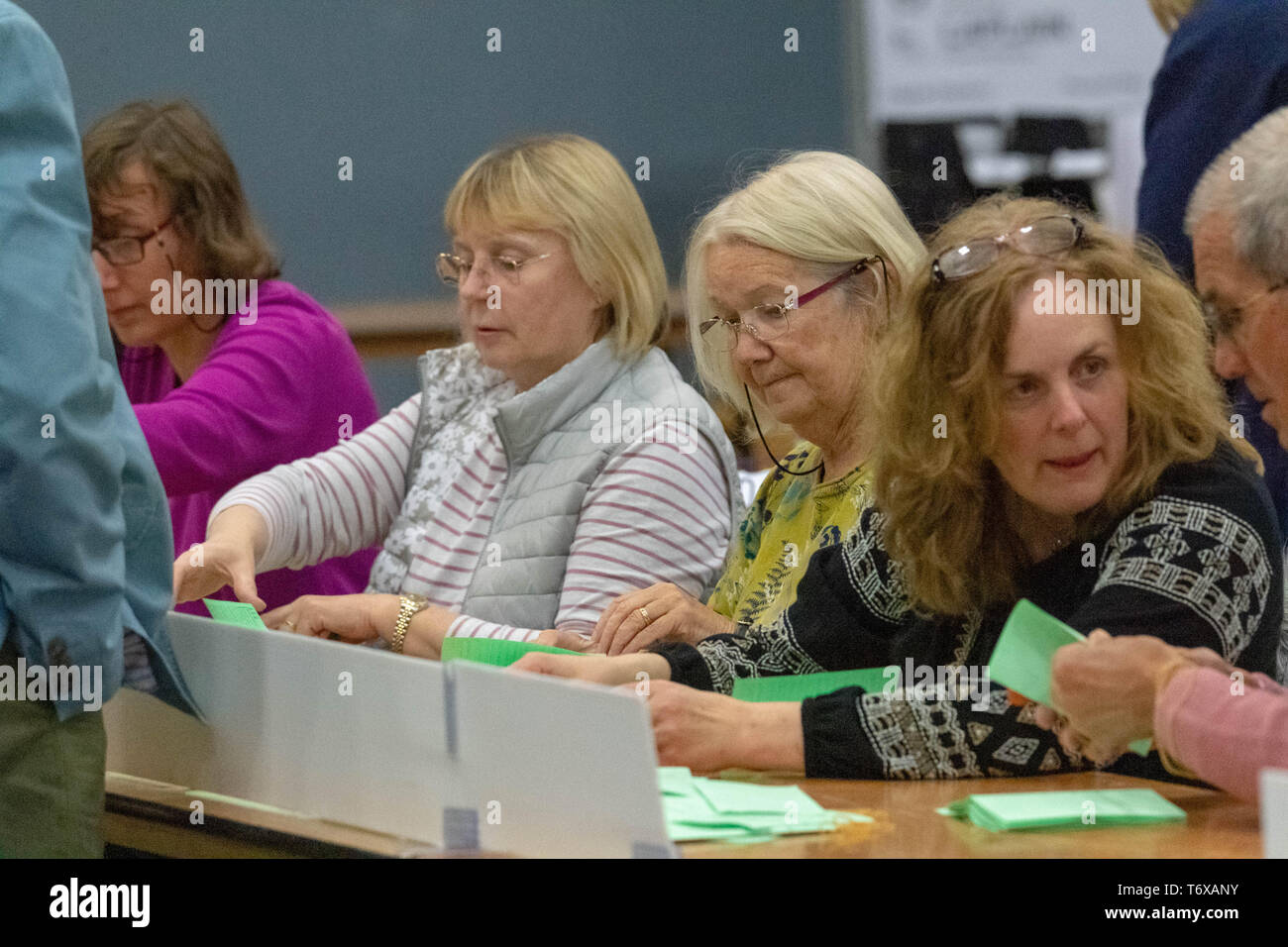 Brentwood Essex 2 maggio 2019 le schede di voto che vengono contati per il consiglio locale elezioni uk elezioni locali 2019 Credit: Ian Davidson/Alamy Live News Foto Stock