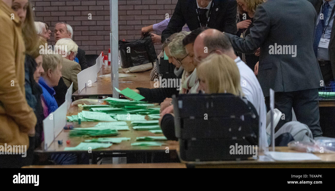 Brentwood Essex 2 maggio 2019 schede di voto vengano conteggiati presso il locale Consiglio elezione uk elezioni locali 2019 Credit: Ian Davidson/Alamy Live News Foto Stock